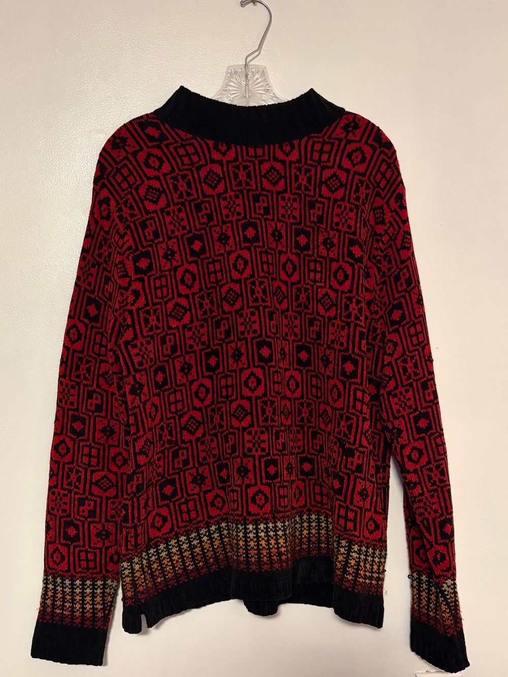 Erika Red and Black Geometric Knit Turtleneck Sweater
